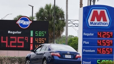 Prices are displayed at a RW and Marathon gas stations, Wednesday, April 1, 2026, in Miami, Fla. (AP Photo/Marta Lavandier) (AP)
