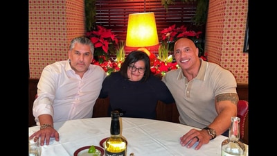 L- Nick Grant C- Nahnatchka Khan R- Dwayne 'The Rock' Johnson: Janel Grant's lawsuit against WWE details allegations on Vince McMahon and Nick Khan. Grant claims Khan was aware of her abusive relationship in new document. (The Rock Instagram )
