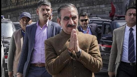 Chief minister Sukhvinder Singh Sukhu arriving on the last day of the budget session of the assembly in Shimla on Thursday. (PTI Photo)