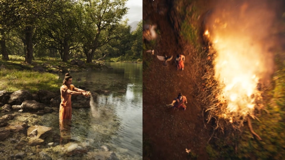 Visuals hinting at Rama performing Jatayu's last rites. Visuals hinting at Rama performing Jatayu's last rites.