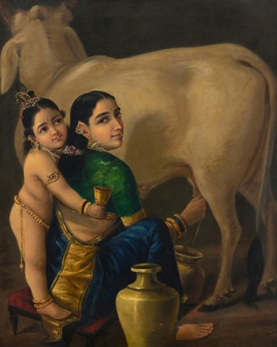 Titled Yashoda and Krishna, the work was made by the feted Indian artist in the 1890s and bears his signature. (https://www.saffronart.com) Titled Yashoda and Krishna, the work was made by the feted Indian artist in the 1890s and bears his signature. (https://www.saffronart.com)