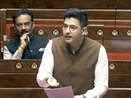 AAP MP Raghav Chadha speaking in Rajya Sabha during the Budget Session of Parliament in March; seen behind him is Ashok Kumar Mittal, who has been made the party's RS deputy leader by replacing him.