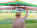 Kamrup, Apr 03 (ANI): Union Home Minister Amit Shah waves during a public rally for the upcoming Assam assembly elections at Palasbari, in Kamrup on Friday. (@AmitShah X/ANI Photo)
