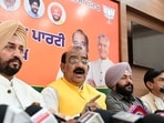 Punjab BJP working president Ashwani Sharma along with other senior Leaders in Chandigarh on Thursday. (Ravi Kumar/HT)