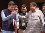 Union minister Nitin Gadkari with AAP MP Raghav Chadha during the second part of Budget session of Parliament on March 12