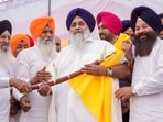 Shiromani Akali Dal (SAD) president Sukhbir Singh Badal at a a rally at Baba Bakala. (HT)