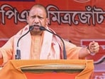 Uttar Pradesh chief minister Yogi Adityanath speaks during a public meeting, in Barpeta on Friday. ((@myogiadityanath X/ANI Photo))