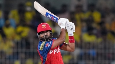 Shreyas Iyer with a real captain's knock. With work to be done after Prabhsimran Singh's wicket, came in and took his time before targeting the spinners. Also started to mount an attack off the pacers, finishing on exactly 50. (PTI)