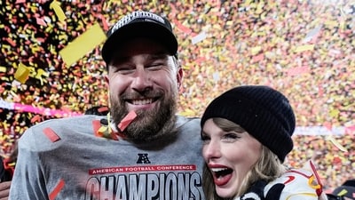 Travis Kelce, left, and Taylor Swift pose after the AFC Championship NFL football game against the Buffalo Bills (AP) Travis Kelce, left, and Taylor Swift pose after the AFC Championship NFL football game against the Buffalo Bills (AP)