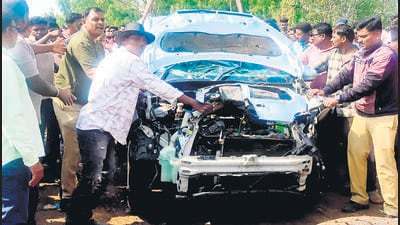 The vehicle was retrieved from the canal within 100 metres of the accident spot. Two bodies were recovered and sent for post-mortem. (HT PHOTO) The vehicle was retrieved from the canal within 100 metres of the accident spot. Two bodies were recovered and sent for post-mortem. (HT PHOTO)