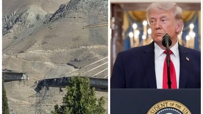 Trump shared the video of the Iranian B1 bridge collapse after US strike on his Truth Social handle (X/Seyed Abbas Araghchi and Bloomberg) Trump shared the video of the Iranian B1 bridge collapse after US strike on his Truth Social handle (X/Seyed Abbas Araghchi and Bloomberg)