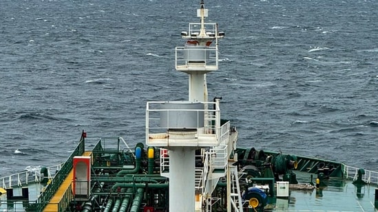 In this image received on March 24, 2026, Pine Gas LPG tanker proceeds after crossing the war-hit Strait of Hormuz, amid the ongoing West Asia conflict. (MEA via PTI Photo) (MEA)