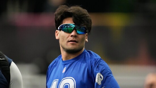 NFC wide receiver Puka Nacua, of the Los Angeles Rams, stands on the field during NFL Pro Bowl Games practice (AP)