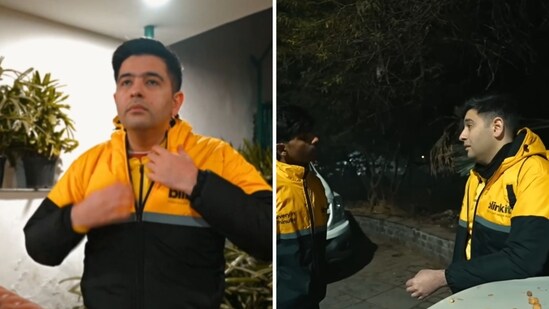Raghav Chadha working as a Blinkit delivery executive for one day. (Raghav Chadha)