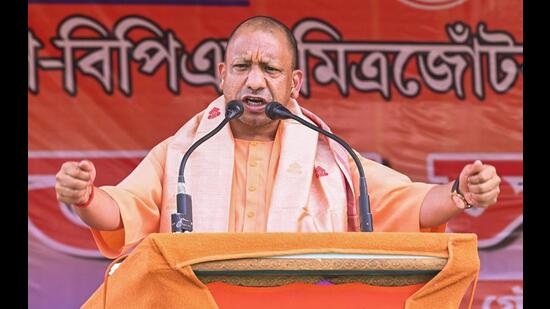 Uttar Pradesh chief minister Yogi Adityanath speaks during a public meeting, in Barpeta on Friday. ((@myogiadityanath X/ANI Photo))