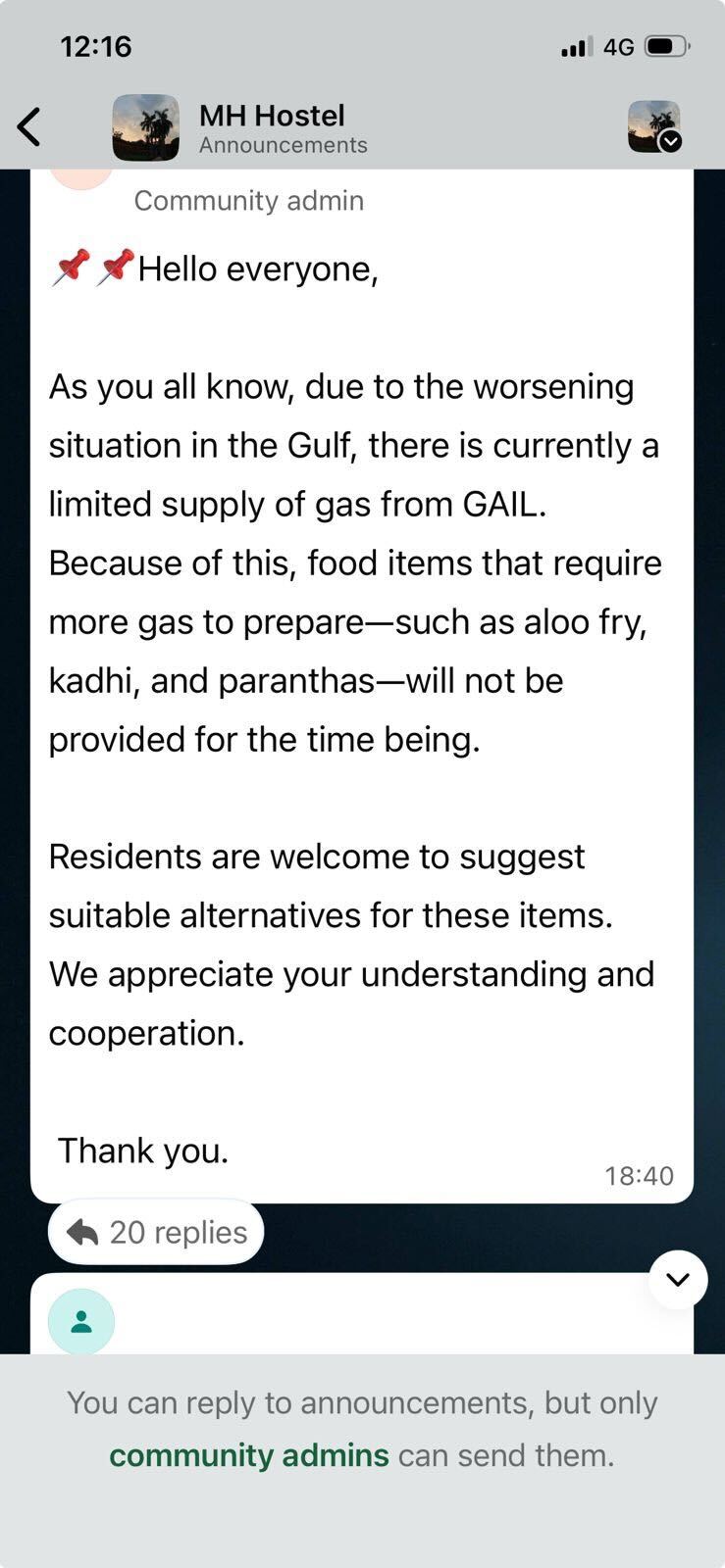 A snip of the notice sent in the hostel WhatsApp group. A snip of the notice sent in the hostel WhatsApp group.