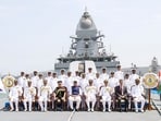 Union defence minister Rajnath Singh (centre) at the commissioning ceremony of INS Aridaman and INS Taragiri in Visakhapatnam on Friday.