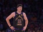 Los Angeles Lakers guard Austin Reaves (15) on the court in the first half against the Cleveland Cavaliers