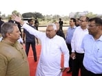 Bihar chief minister Nitish Kumar during inspection ogf the progress of the under construction Danapur-Bihta elevated corridor and Bihta airport on Saturday (SANTOSH KUMAR/HT)