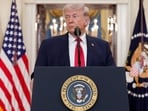 President Donald Trump during a prime-time address to the nation in the Cross Hall of the White House 
