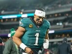 Jalen Hurts #1 of the Philadelphia Eagles jogs off the field after his team's 23-19 loss against the San Francisco 49ers Jalen Hurts #1 of the Philadelphia Eagles jogs off the field after his team's 23-19 loss against the San Francisco 49ers