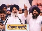 SAD president Sukhbir Badal addressing a rally in Chabbewal, Hoshiarpur, on Friday. (Harpreet Kaur/HT)