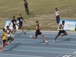 The men’s 100m final in the Delhi State Open Athletics Championships at the Jawaharlal Nehru Stadium on Saturday. (HT Photo)