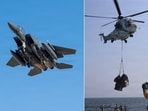 A US F-15 jet (shown on left) was among the aircraft downed by Iran. The US has scrambled C-130 Hercules and helicopters for rescue.