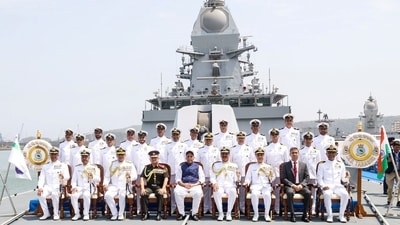 Union defence minister Rajnath Singh (centre) at the commissioning ceremony of INS Aridaman and INS Taragiri in Visakhapatnam on Friday. (PIB) Union defence minister Rajnath Singh (centre) at the commissioning ceremony of INS Aridaman and INS Taragiri in Visakhapatnam on Friday. (PIB)