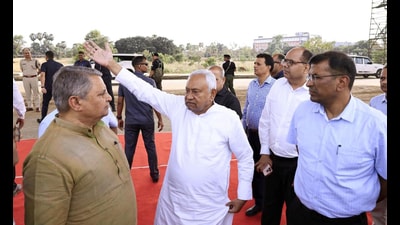 Bihar chief minister Nitish Kumar during inspection ogf the progress of the under construction Danapur-Bihta elevated corridor and Bihta airport on Saturday (SANTOSH KUMAR/HT) Bihar chief minister Nitish Kumar during inspection ogf the progress of the under construction Danapur-Bihta elevated corridor and Bihta airport on Saturday (SANTOSH KUMAR/HT)