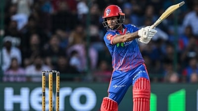 Pathum Nissanka, the Delhi Capitals opener, led the team's fightback after the loss of KL Rahul and Nitish Rana. He played a knock of 44 before losing his wicket to Mitchell Santner in the 10th over. (AFP) Pathum Nissanka, the Delhi Capitals opener, led the team's fightback after the loss of KL Rahul and Nitish Rana. He played a knock of 44 before losing his wicket to Mitchell Santner in the 10th over. (AFP)