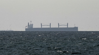 A cargo ship in the Gulf, near the Strait of Hormuz, as seen from northern Ras al-Khaimah, near the border with Oman’s Musandam governance (REUTERS/File)