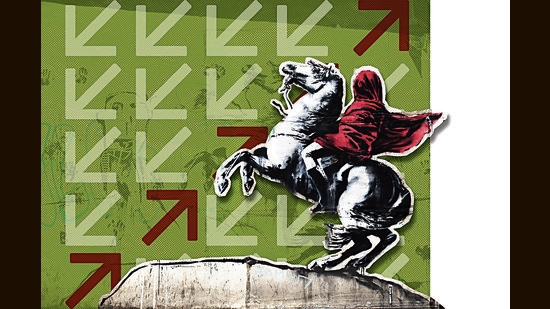 A Banksy mural in Paris shows a Napoleonic figure in a headscarf, in an art work inspired by the marginalisation of refugees and by an early-19th-century painting, by Jacques-Louis David, of Napoleon crossing the Alps. (Images: Getty, Shutterstock; HT Imaging)
