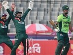 Bangladesh's Litton Das, centre, appeals successfully for the wicket of Pakistan's Hussain Talat during the first one day international cricket match between Bangladesh and Pakistan in Mirpur, Bangladesh, Wednesday, March 11, 2026. (AP Photo/Mahmud Hossain Opu)