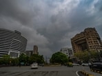 A view of clouds hover over the skies at Connaught Place in New Delhi, India.