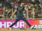 Gujarat Titans' Ashok Sharma bowls a delivery during the Indian Premier League cricket match between Gujarat Titans and Rajasthan Royals