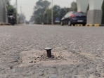 These protruding nails can puncture tyres instantly, raising the risk of accidents. (Sant Arora/HT)