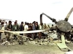 Wreckage of an American aircraft in Iran after the failed 1980 operation.