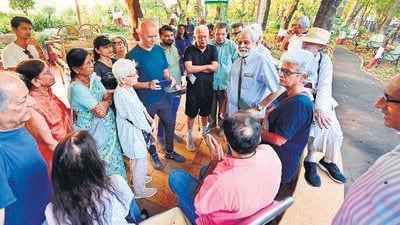 A public meeting was held to discuss the way forward for saving the trees of the Hanging Garden precinct, with citizens gathering at the Senior Citizens Enclosure at Hanging Gardens, Malbar Hill in Mumbai on Sunday. (Anshuman Poyrekar/HT Photo) A public meeting was held to discuss the way forward for saving the trees of the Hanging Garden precinct, with citizens gathering at the Senior Citizens Enclosure at Hanging Gardens, Malbar Hill in Mumbai on Sunday. (Anshuman Poyrekar/HT Photo)