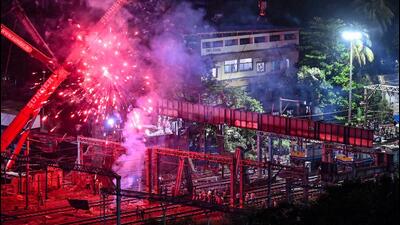 Firecrackers went off early in the morning on Sunday to celebrate the demolition of the 115-year-old Elphinstone ROB. (Raju Shinde/HT Photo) Firecrackers went off early in the morning on Sunday to celebrate the demolition of the 115-year-old Elphinstone ROB. (Raju Shinde/HT Photo)