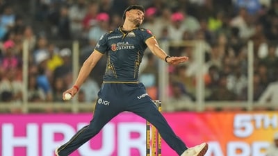 Gujarat Titans' Ashok Sharma bowls a delivery during the Indian Premier League cricket match between Gujarat Titans and Rajasthan Royals (AP)
