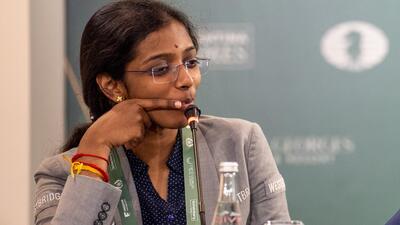 Indian GM R Vaishali after her win over Tan Zhongyi in the seventh round of the Women’s Candidates Chess tournament in Cyprus on Sunday. (FIDE Flickr)