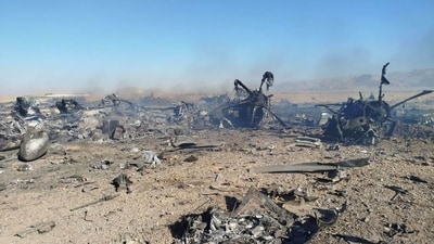This handout photo provided by Iran's Revolutionary Guard Corps (IRGC) official website Sepah News on April 5, 2026 reportedly shows the wreckage and remains of targeted and crashed aircraft in central Iran. (SEPAH NEWS / AFP) This handout photo provided by Iran's Revolutionary Guard Corps (IRGC) official website Sepah News on April 5, 2026 reportedly shows the wreckage and remains of targeted and crashed aircraft in central Iran. (SEPAH NEWS / AFP)