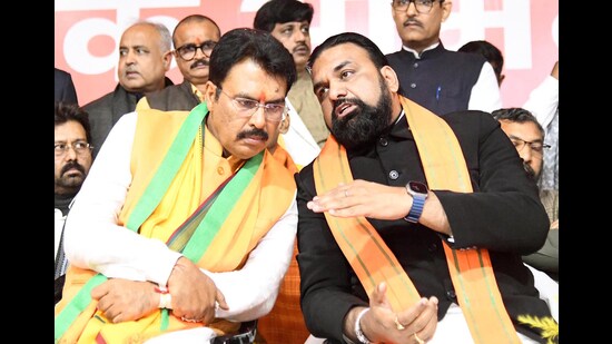 Bihar BJP president Sanjay Saraogi with Bihar deputychief minister Samrat Choudhary. (Santosh Kumar/HT)