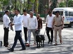 A Chandigarh Police team at the municipal corporation office in Sector 17 on Monday. Security was stepped up after the Punjab and Haryana secretariat and Chandigarh mayor’s office received a bomb threat on email. (Keshav Singh/HT)