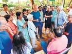 A public meeting was held to discuss the way forward for saving the trees of the Hanging Garden precinct, with citizens gathering at the Senior Citizens Enclosure at Hanging Gardens, Malbar Hill in Mumbai on Sunday. (Anshuman Poyrekar/HT Photo) A public meeting was held to discuss the way forward for saving the trees of the Hanging Garden precinct, with citizens gathering at the Senior Citizens Enclosure at Hanging Gardens, Malbar Hill in Mumbai on Sunday. (Anshuman Poyrekar/HT Photo)