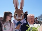 President Donald Trump sits down with children as he participates in the White House Easter Egg Roll on the South Lawn of the White House on Monday, April 6, 2026, in Washington.