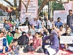 Mumbai, India - April 6, 2026: Parents of City International School, Oshiwara staged protest at Azad Maidan to protect future of their kids in Mumbai, India, on Monday, April 6, 2026. (Photo by Anshuman Poyrekar/Hindustan Times) (Anshuman Poyrekar/HT Photo)