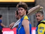 Chennai Super Kings' Dewald Brevis, centre, during a practice session on the eve of the IPL 2026 match between Chennai Super Kings and Punjab Kings