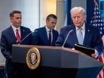 John Ratcliffe, director of the Central Intelligence Agency (CIA), from left, Pete Hegseth, US Secretary of Defence, and US President Donald Trump arrive for a news conference in the James S. Brady Press Briefing Room of the White House in Washington, DC, US, on Monday, April 6, 2026.